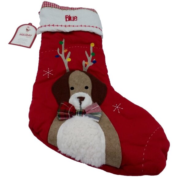 Pottery Barn Kids Blue Dog with Antlers Quilted Christmas Stocking Monogrammed - Picture 1 of 8